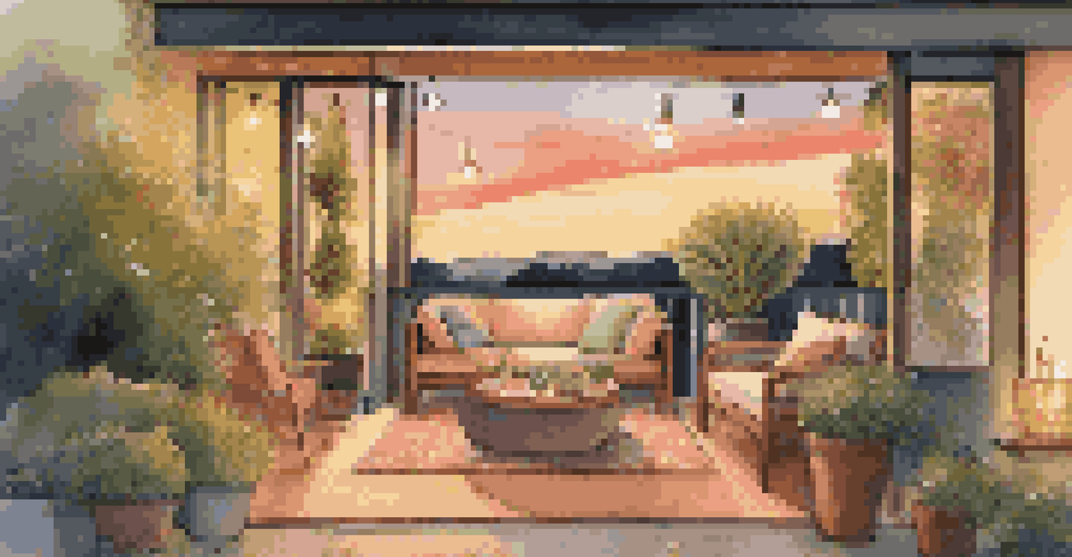 An outdoor patio with smart devices like a doorbell and speakers, decorated with furniture and plants under sunset light.