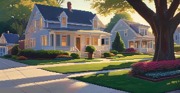 A peaceful suburban neighborhood with houses and lush gardens at sunset, featuring a couple discussing their home plans.