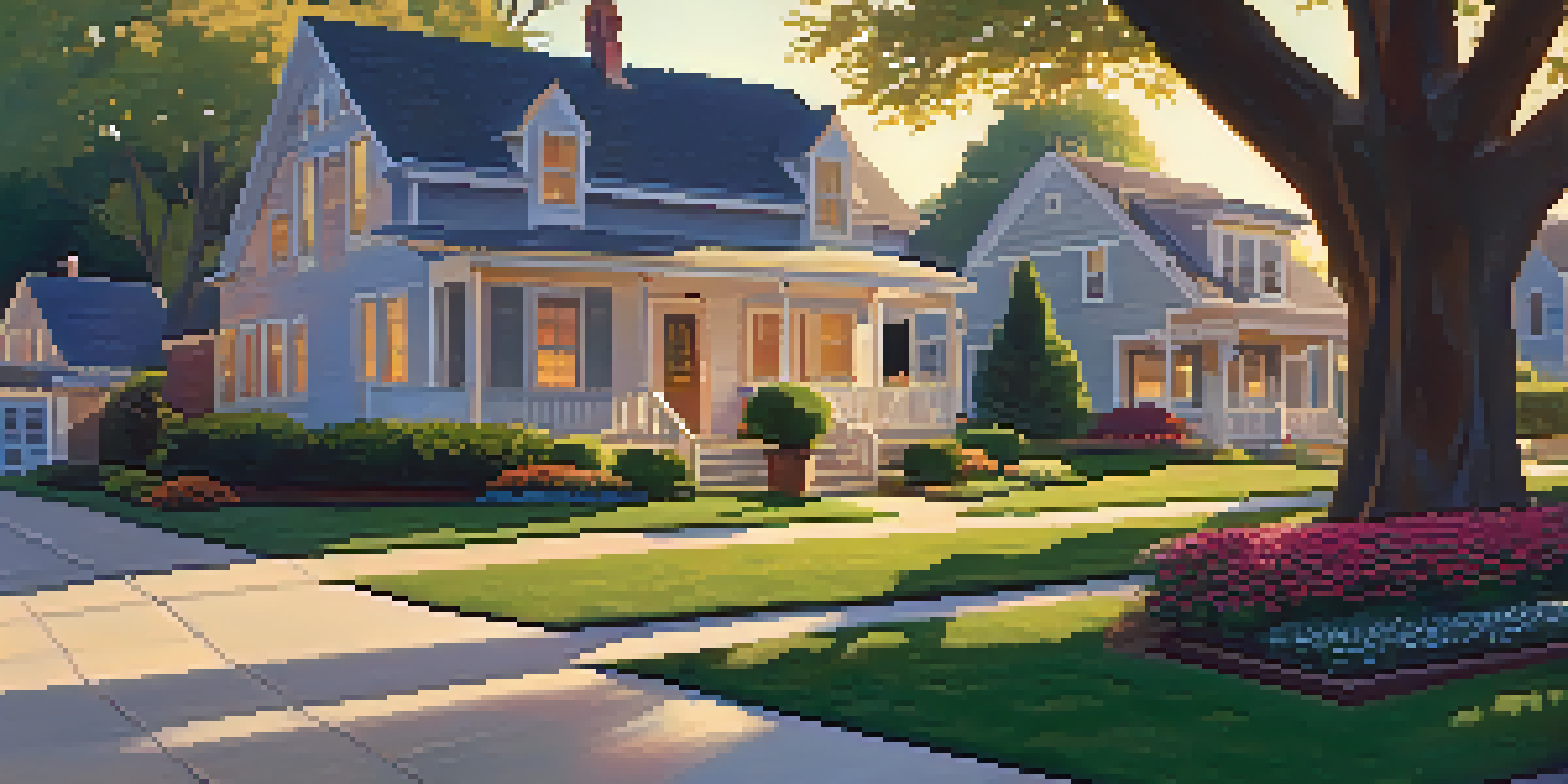 A peaceful suburban neighborhood with houses and lush gardens at sunset, featuring a couple discussing their home plans.