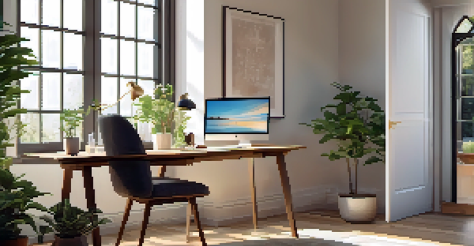 A cozy home office with a wooden desk, laptop, and a potted plant, illuminated by natural light from a window.