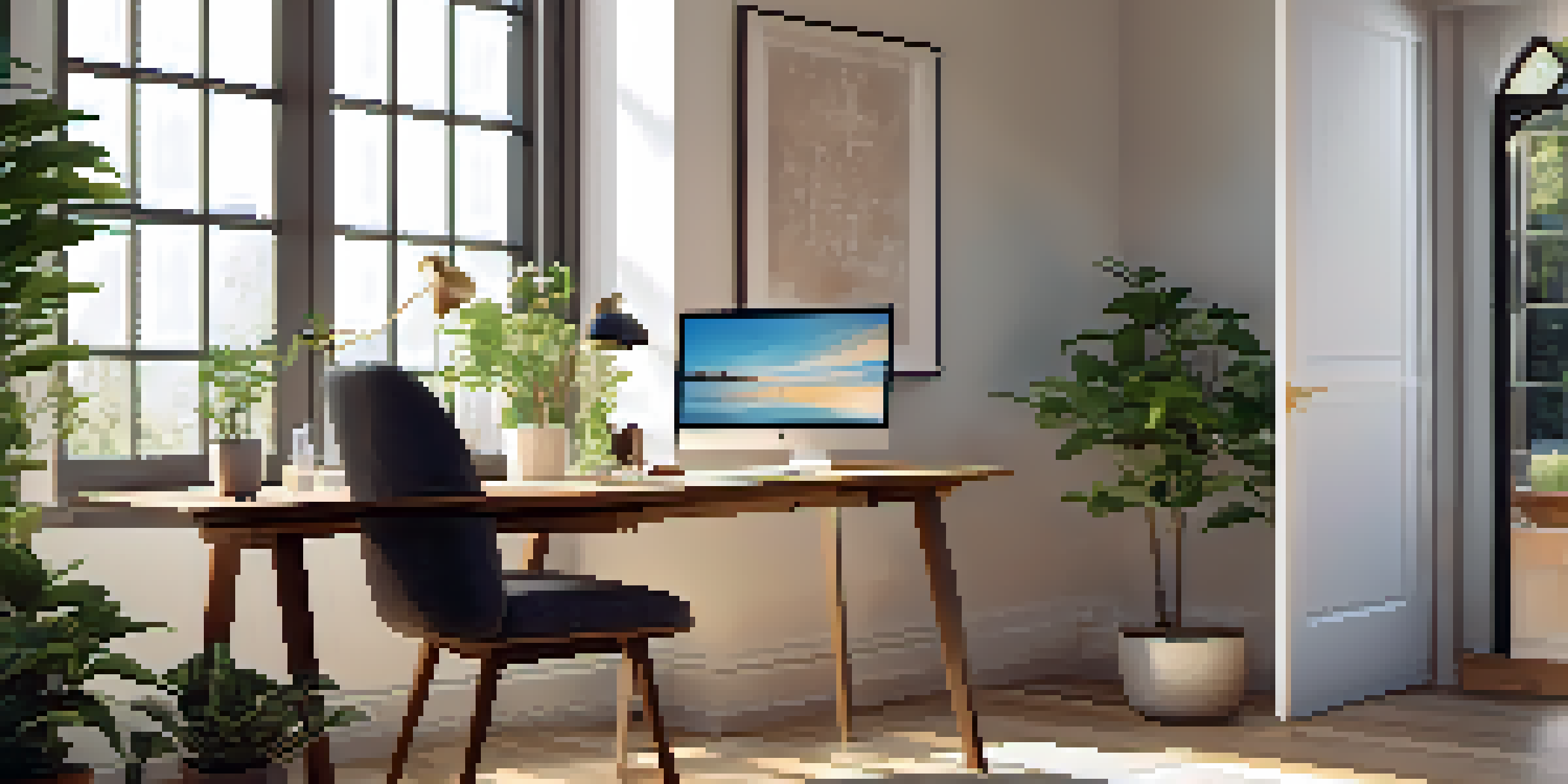 A cozy home office with a wooden desk, laptop, and a potted plant, illuminated by natural light from a window.