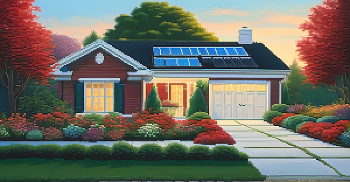 A suburban home featuring a bright red front door, colorful flowers, and a well-defined pathway illuminated by solar lights.