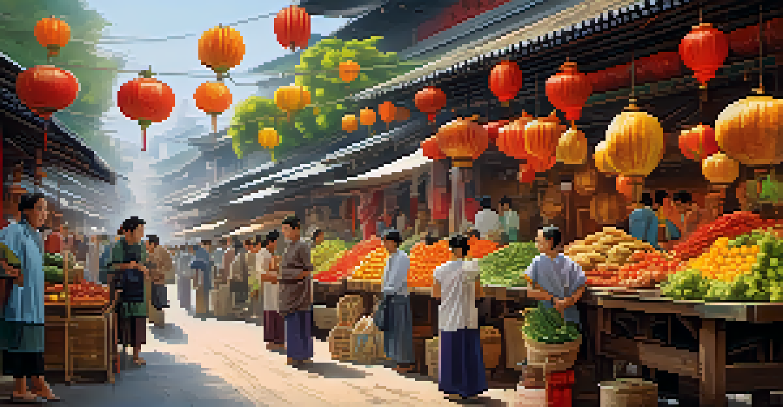 A vibrant market scene in an Asian city with stalls of exotic fruits, locals and tourists interacting, and colorful decorations under bright natural light.