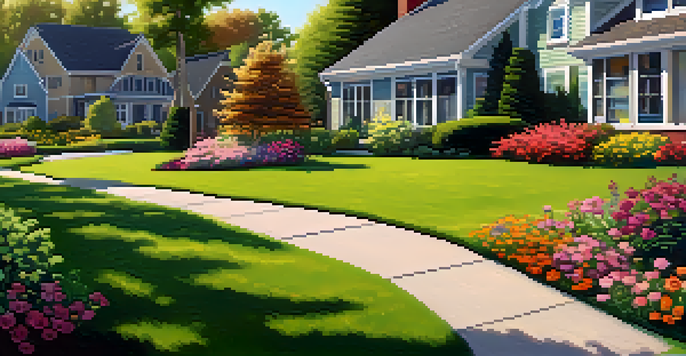 A beautifully maintained lawn with colorful flower beds and a clear blue sky overhead, showcasing a suburban home's curb appeal.