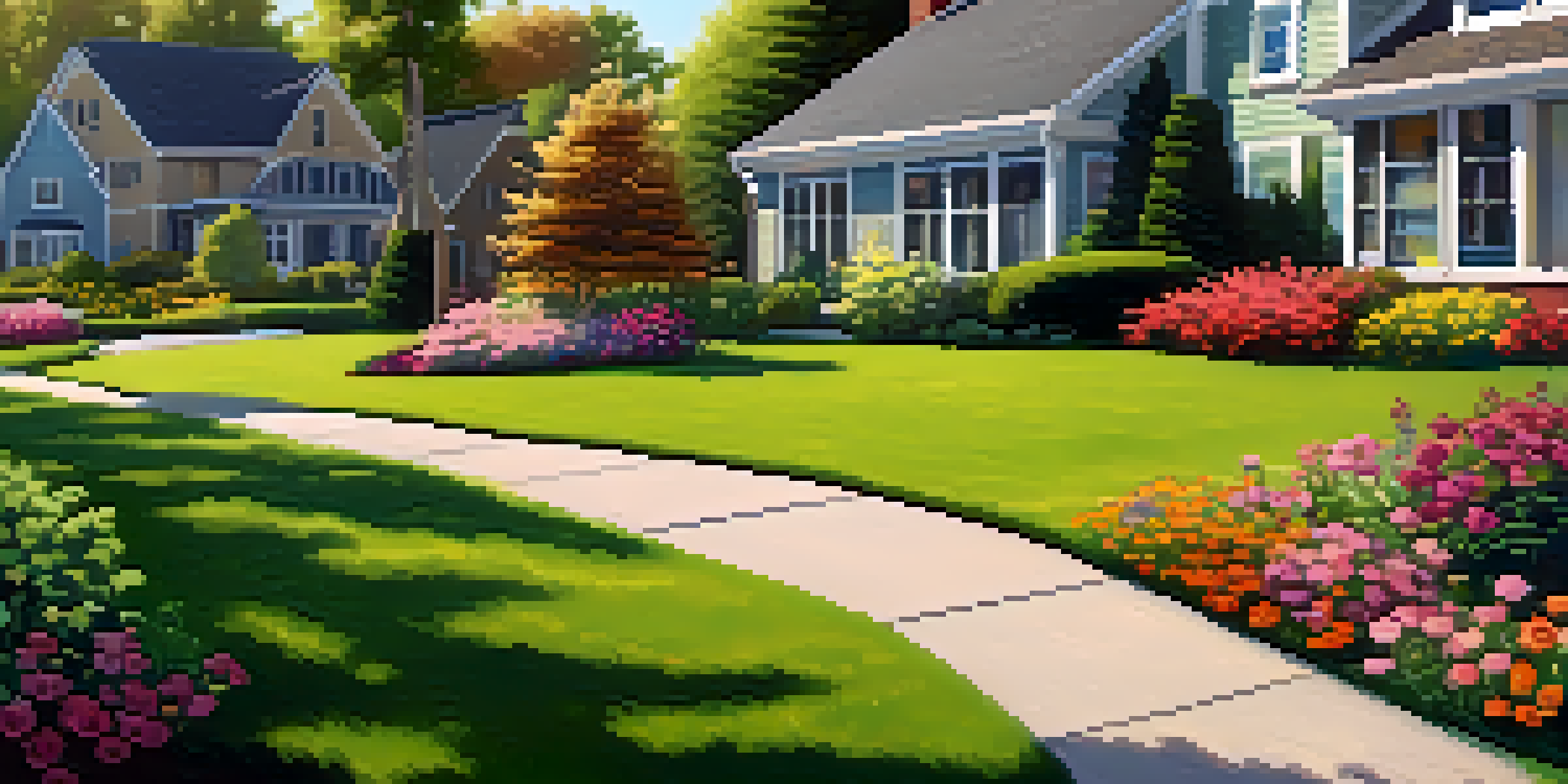 A beautifully maintained lawn with colorful flower beds and a clear blue sky overhead, showcasing a suburban home's curb appeal.