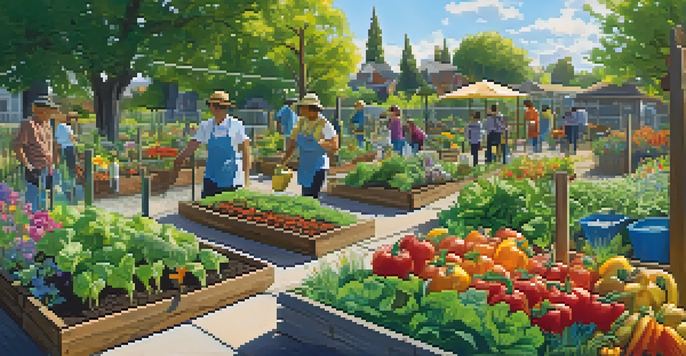 A diverse group of residents working together in a colorful community garden under the sunlight.