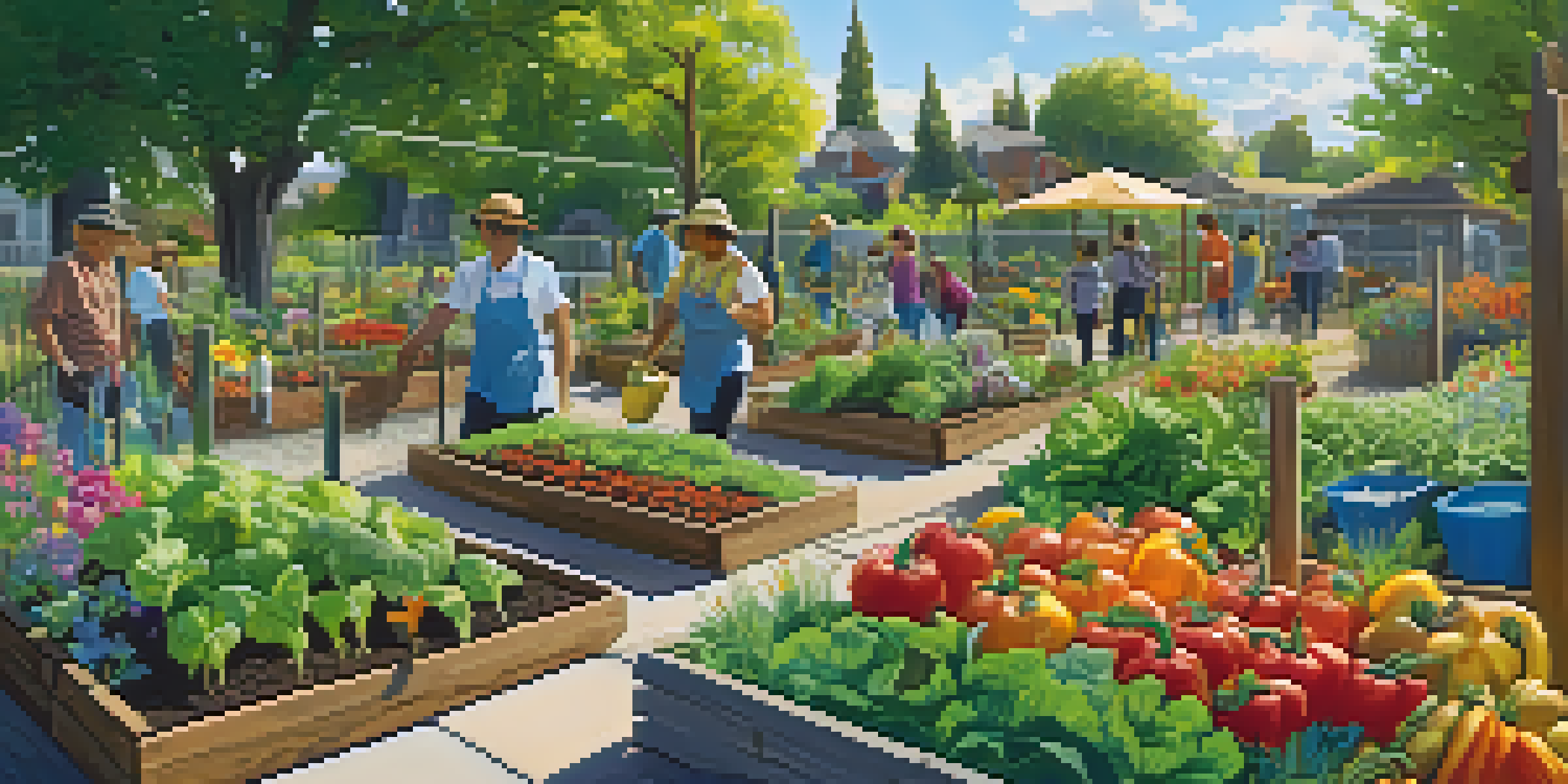 A diverse group of residents working together in a colorful community garden under the sunlight.