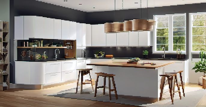 A contemporary U-shaped kitchen with granite countertops, stainless steel appliances, and wooden accents, well-lit by pendant lights and natural light from large windows.