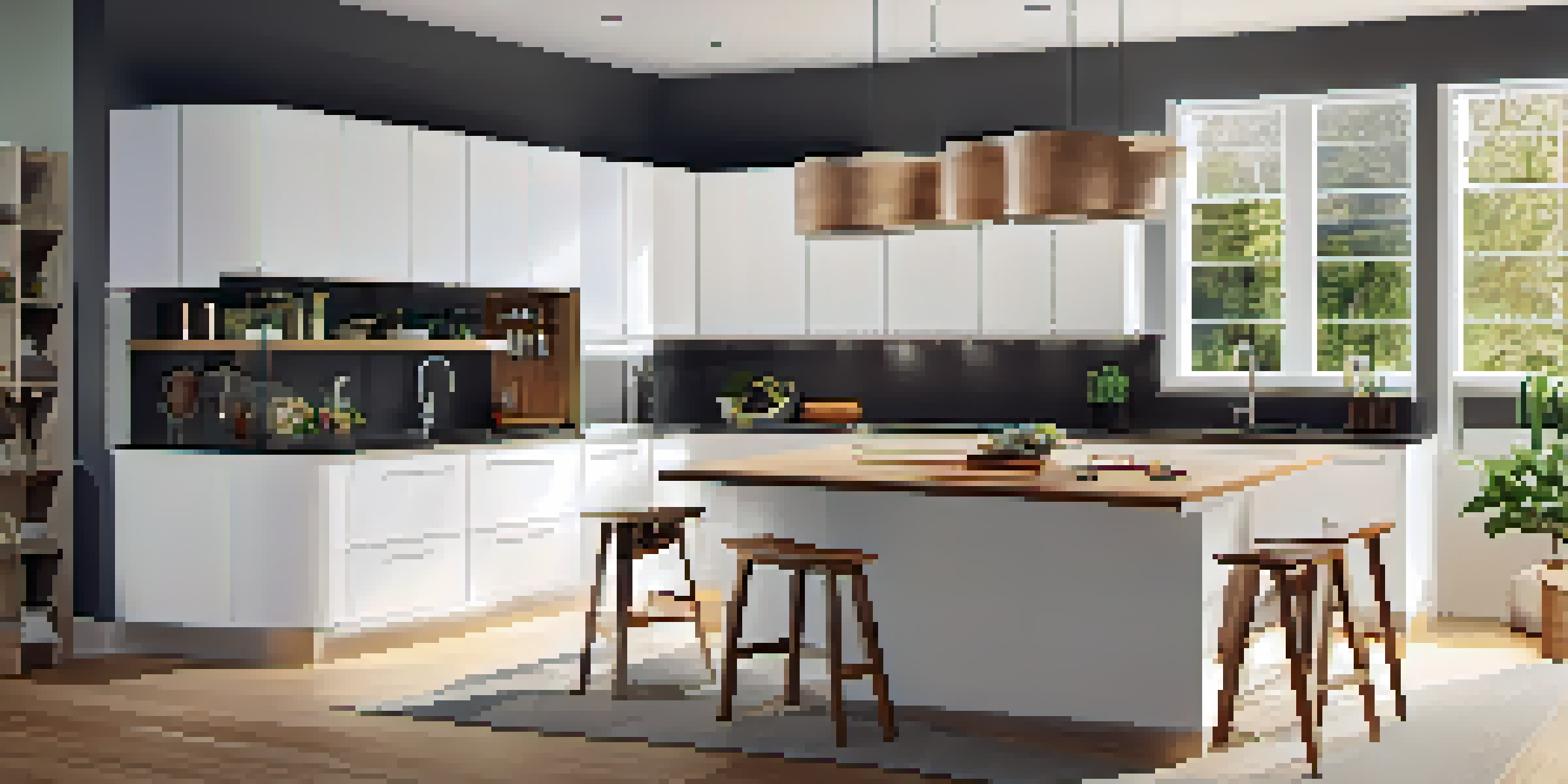 A contemporary U-shaped kitchen with granite countertops, stainless steel appliances, and wooden accents, well-lit by pendant lights and natural light from large windows.