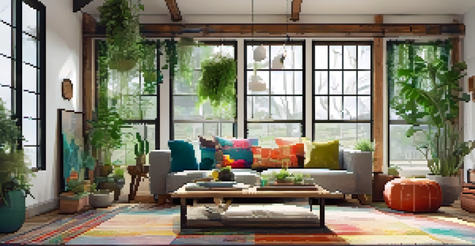 A bright and inviting living room with upcycled furniture and vibrant artwork.