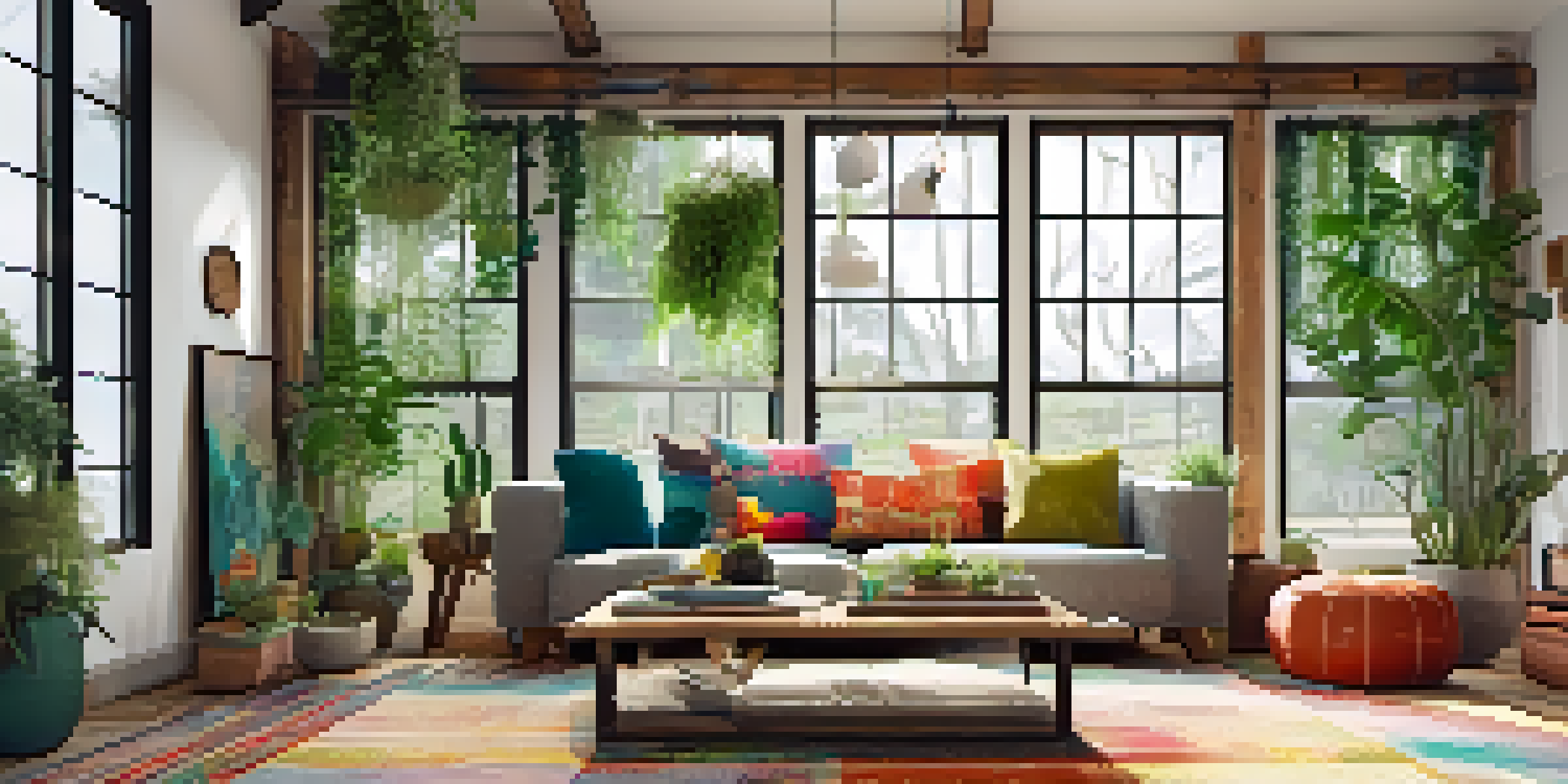 A bright and inviting living room with upcycled furniture and vibrant artwork.