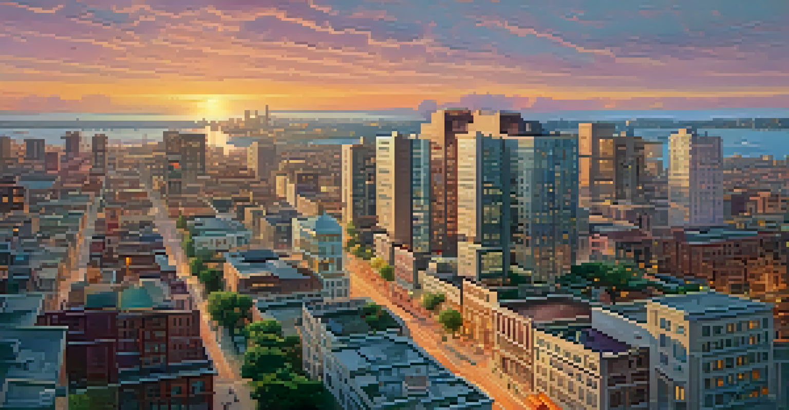 Aerial view of a city skyline at sunset with various buildings.
