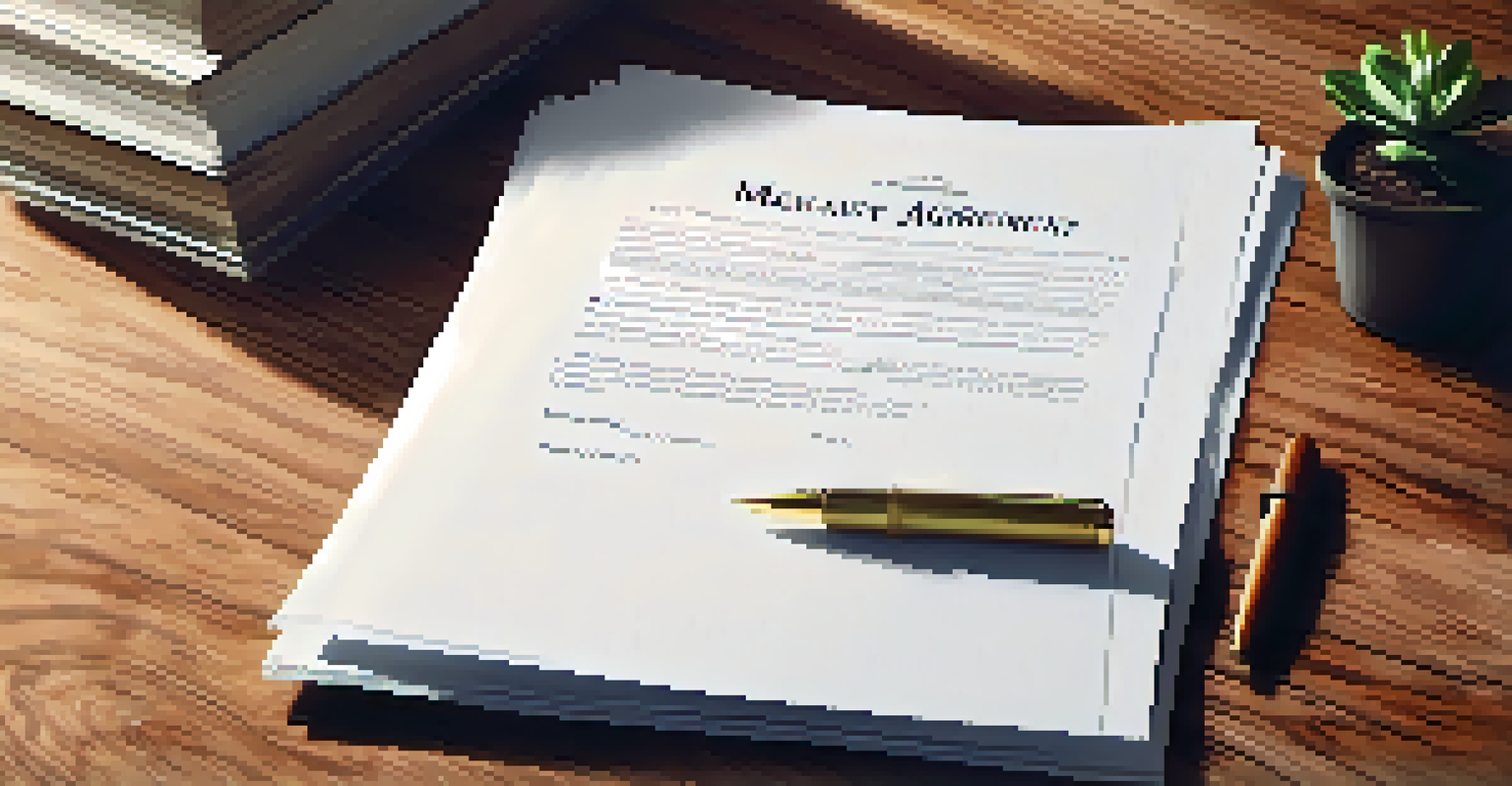 A close-up of a legal document titled 'Easement Agreement' on a wooden table, with a pen on top and a small potted plant beside it, illuminated by natural light.