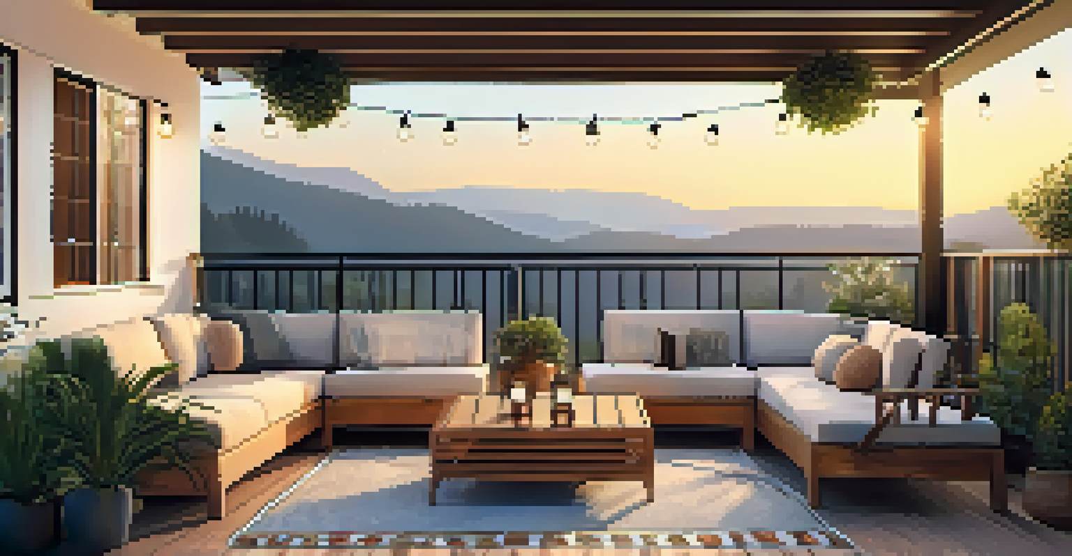 A serene outdoor deck with lounge furniture, plants, and string lights in soft evening light.