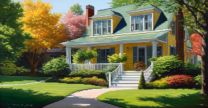 A cozy home shaded by green trees, depicting a peaceful summer landscape.
