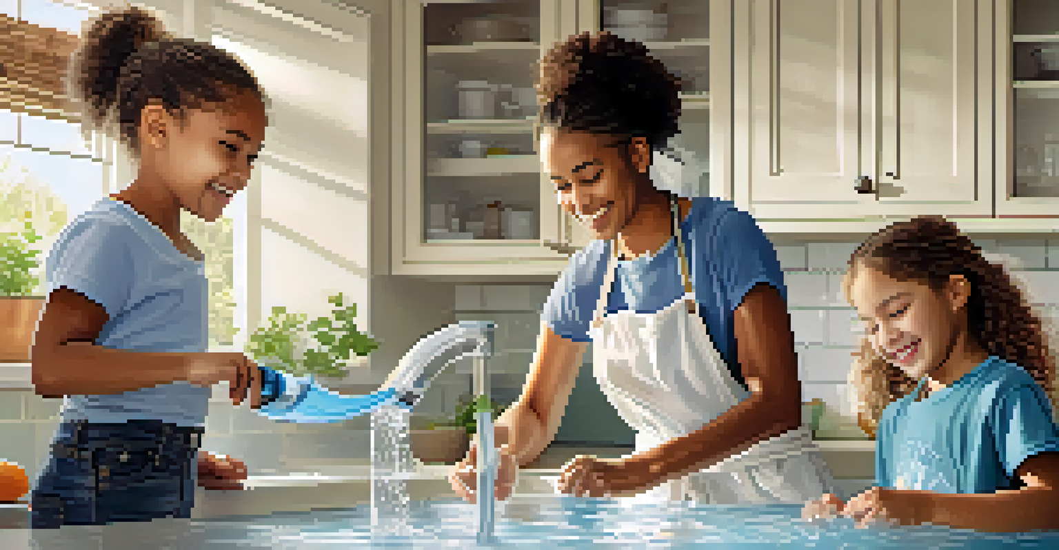 A family in a bright kitchen measuring water usage while washing dishes, smiling and engaged.