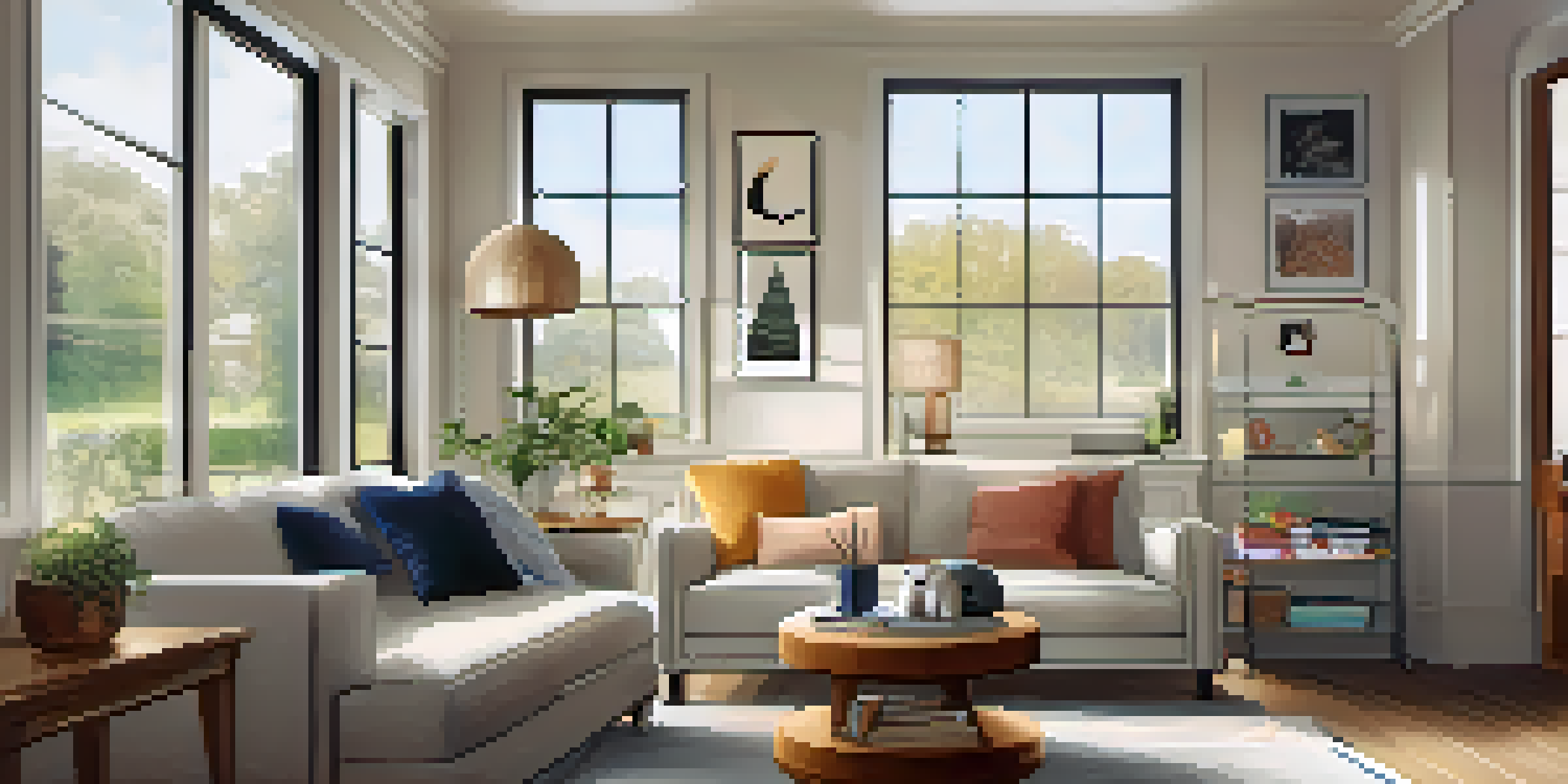 A cozy living room with a pet bed, plush sofa, and natural light, designed for home staging.