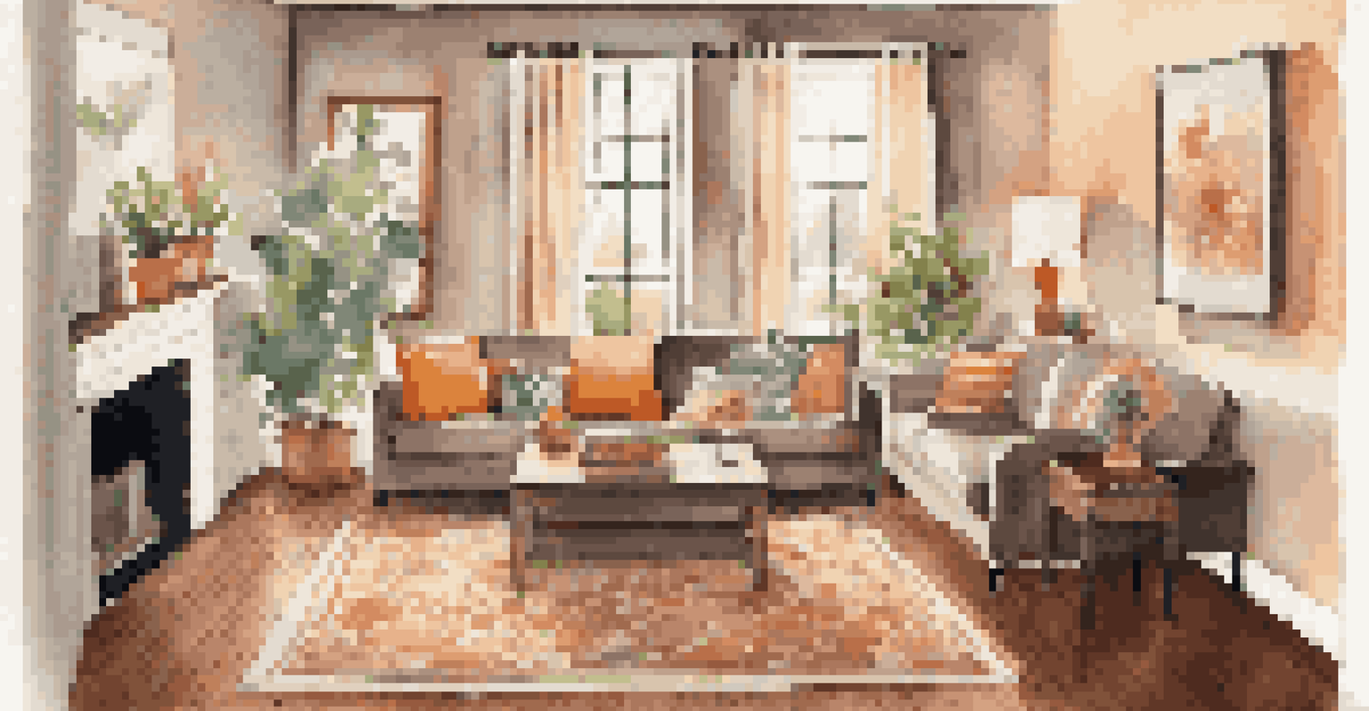 A cozy living room with a comfortable sofa, colorful pillows, hardwood floor, and sunlight coming through a large window, decorated with family photos.