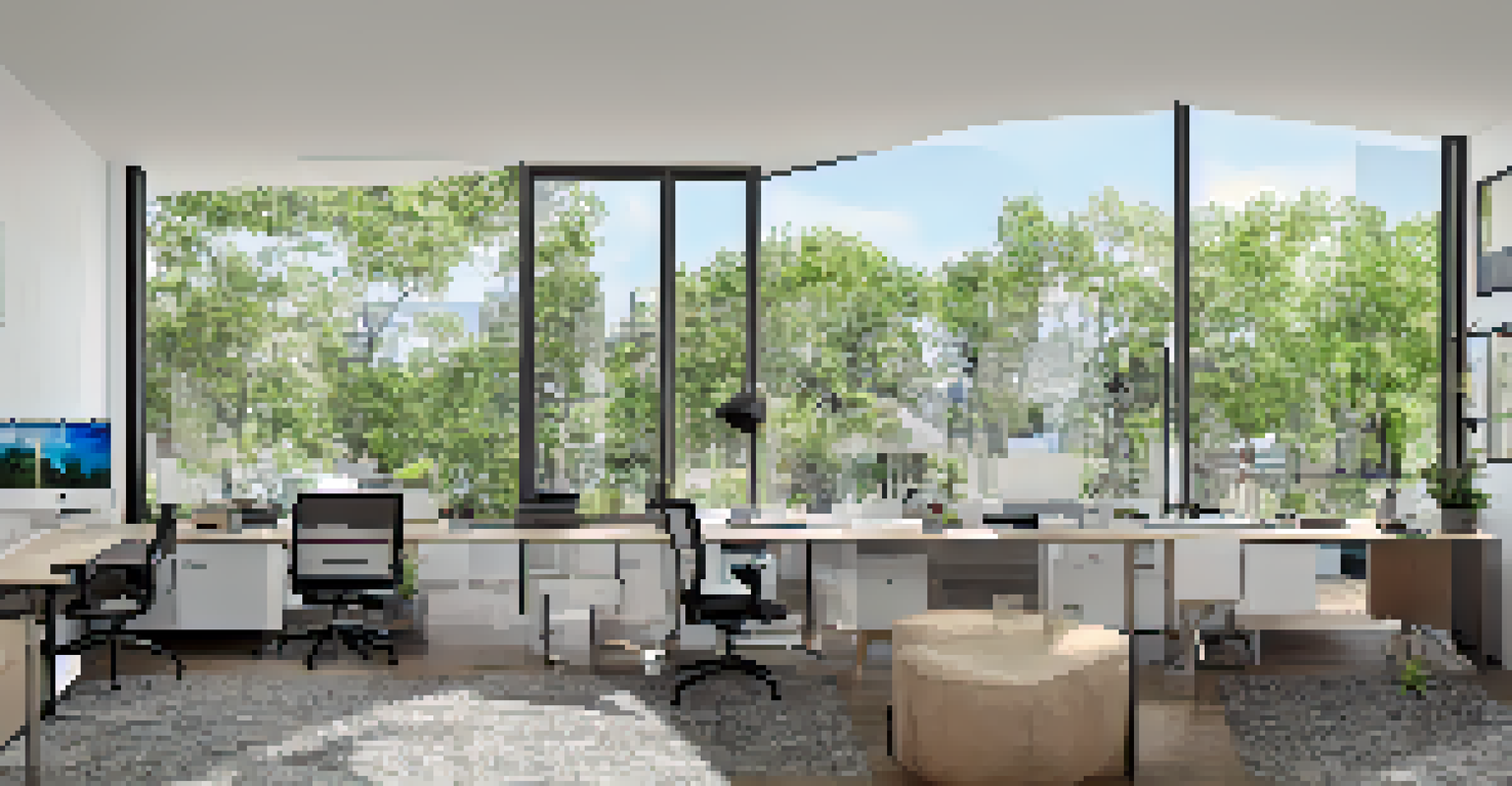 A modern home office with smart devices like a security camera and a computer displaying data analytics.