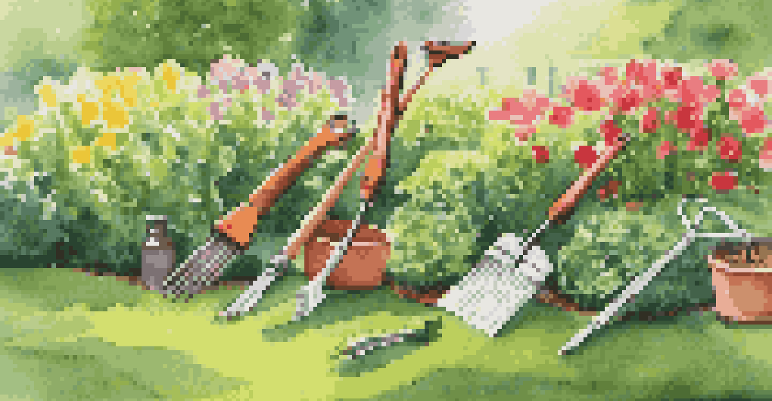 A sunny garden with a spade, rake, and pruning shears on a green lawn, surrounded by blooming flowers.