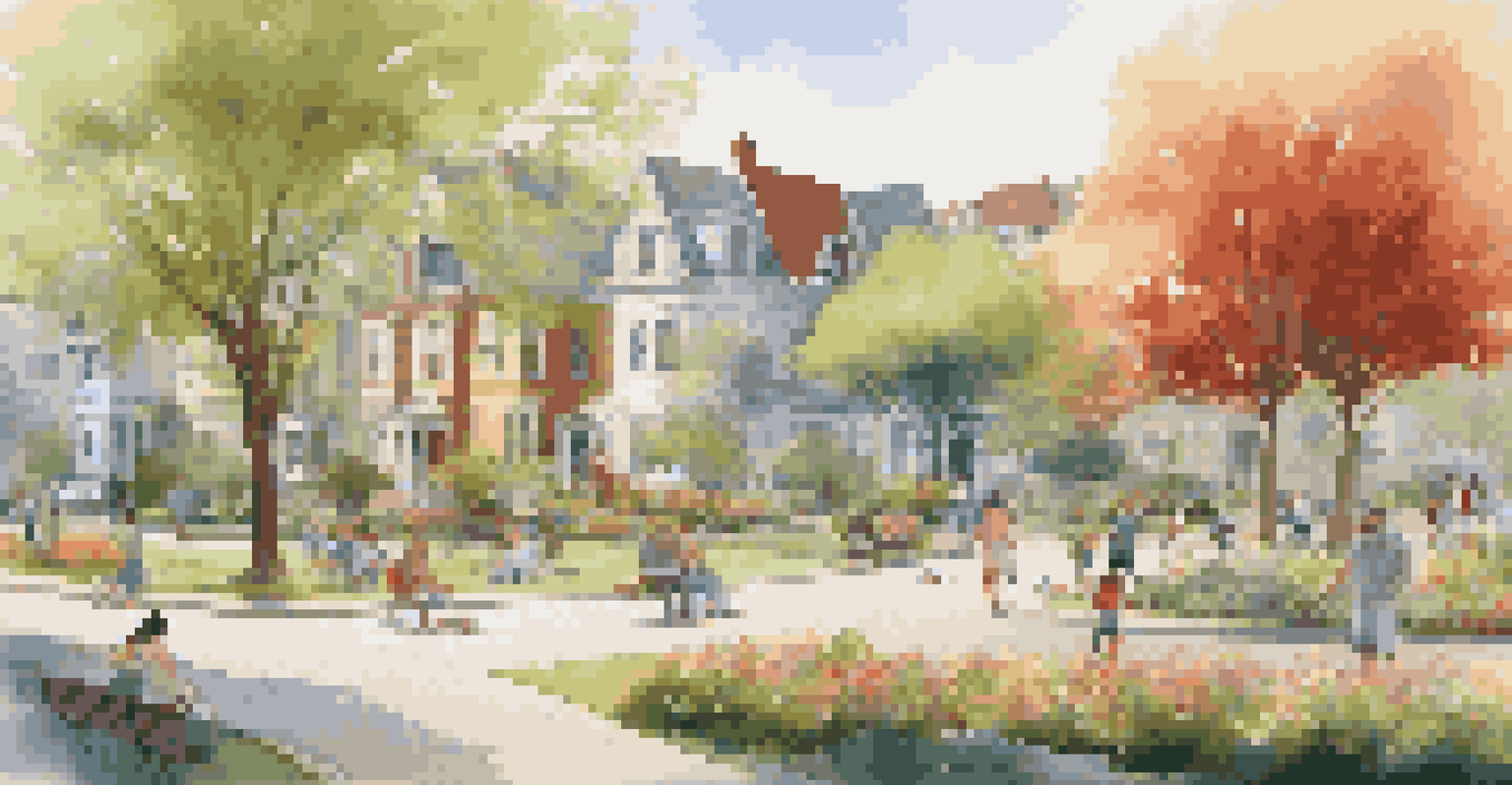 A lively neighborhood park with families and blooming flowers, with upgraded homes in the background.