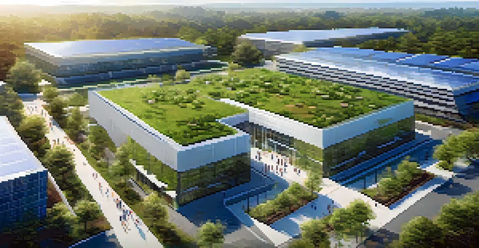 An aerial view of an eco-friendly tech campus surrounded by nature, with employees collaborating outdoors.