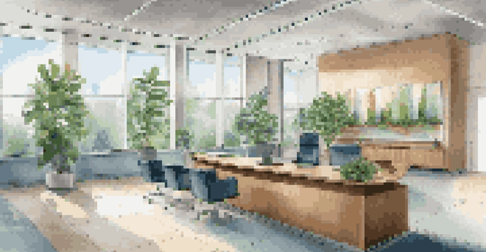 A contemporary real estate office with a reception desk, large windows, and plants, showcasing property images on the walls.