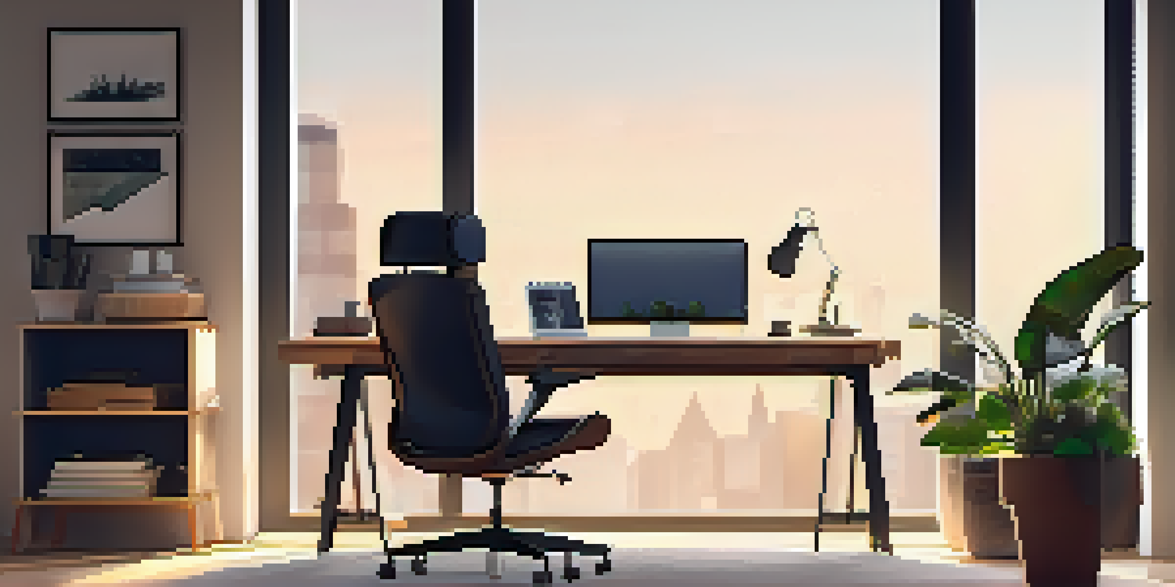 A cozy home office with a wooden desk, ergonomic chair, large monitor, and a potted plant, illuminated by warm light from a desk lamp.