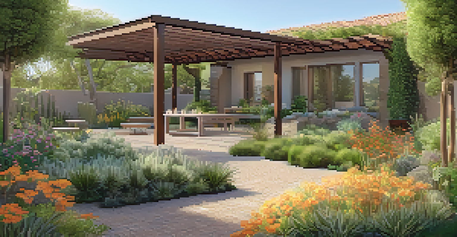 A vibrant outdoor garden with drought-resistant plants and a rainwater harvesting system in the background, featuring a seating area under a pergola.
