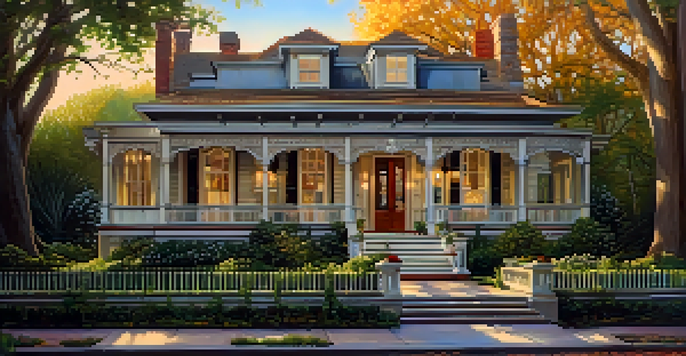 A renovated historic home with a wooden ramp, surrounded by greenery, illuminated by warm sunlight during golden hour.