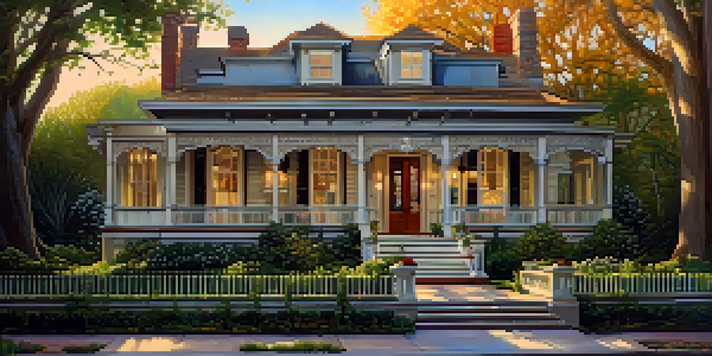 A renovated historic home with a wooden ramp, surrounded by greenery, illuminated by warm sunlight during golden hour.