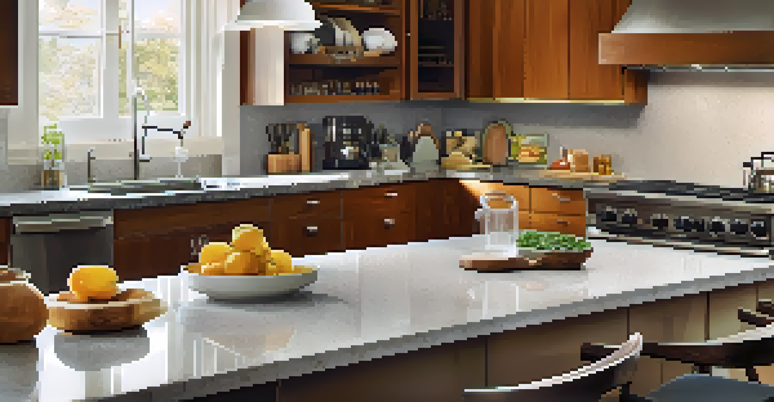 A kitchen with energy-efficient appliances, recycled countertops, and low-VOC cabinets, illuminated by warm lighting.