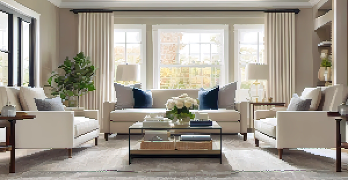A spacious living room with modern furniture, neutral colors, and fresh flowers, designed for an open house.