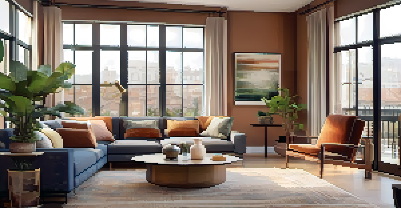 A cozy living room in a multi-family unit, furnished with plush furniture and decorated with plants, illuminated by natural light.