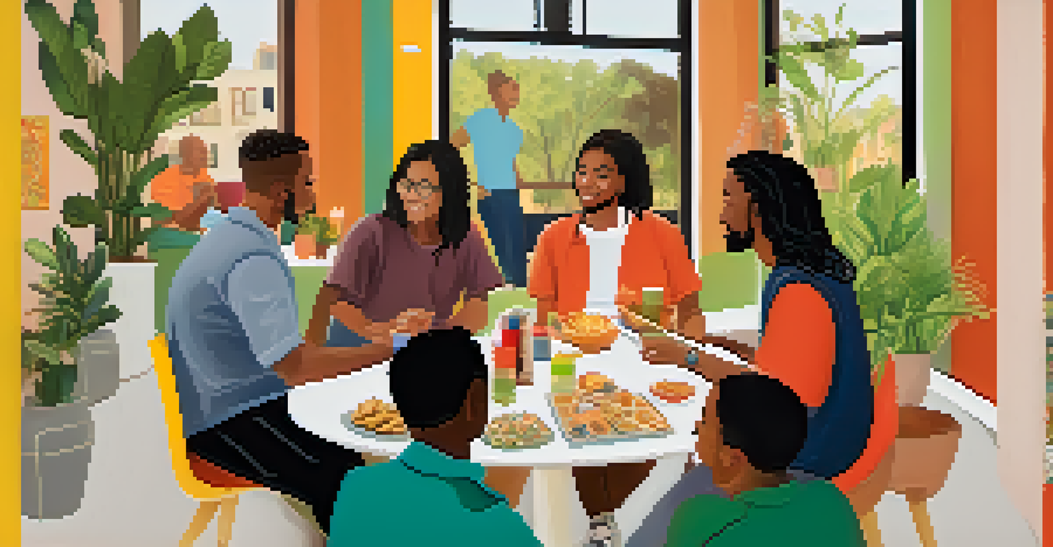 A diverse group of tenants discussing the tenant handbook in a communal space decorated with plants and artwork.