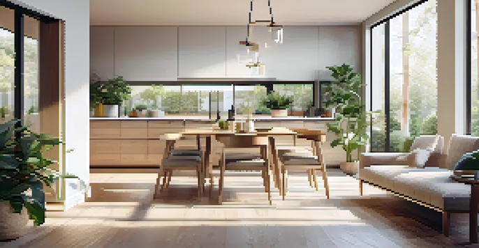 A spacious open concept living area with a modern kitchen, cozy living room, and a stylish dining area, filled with natural light and greenery.