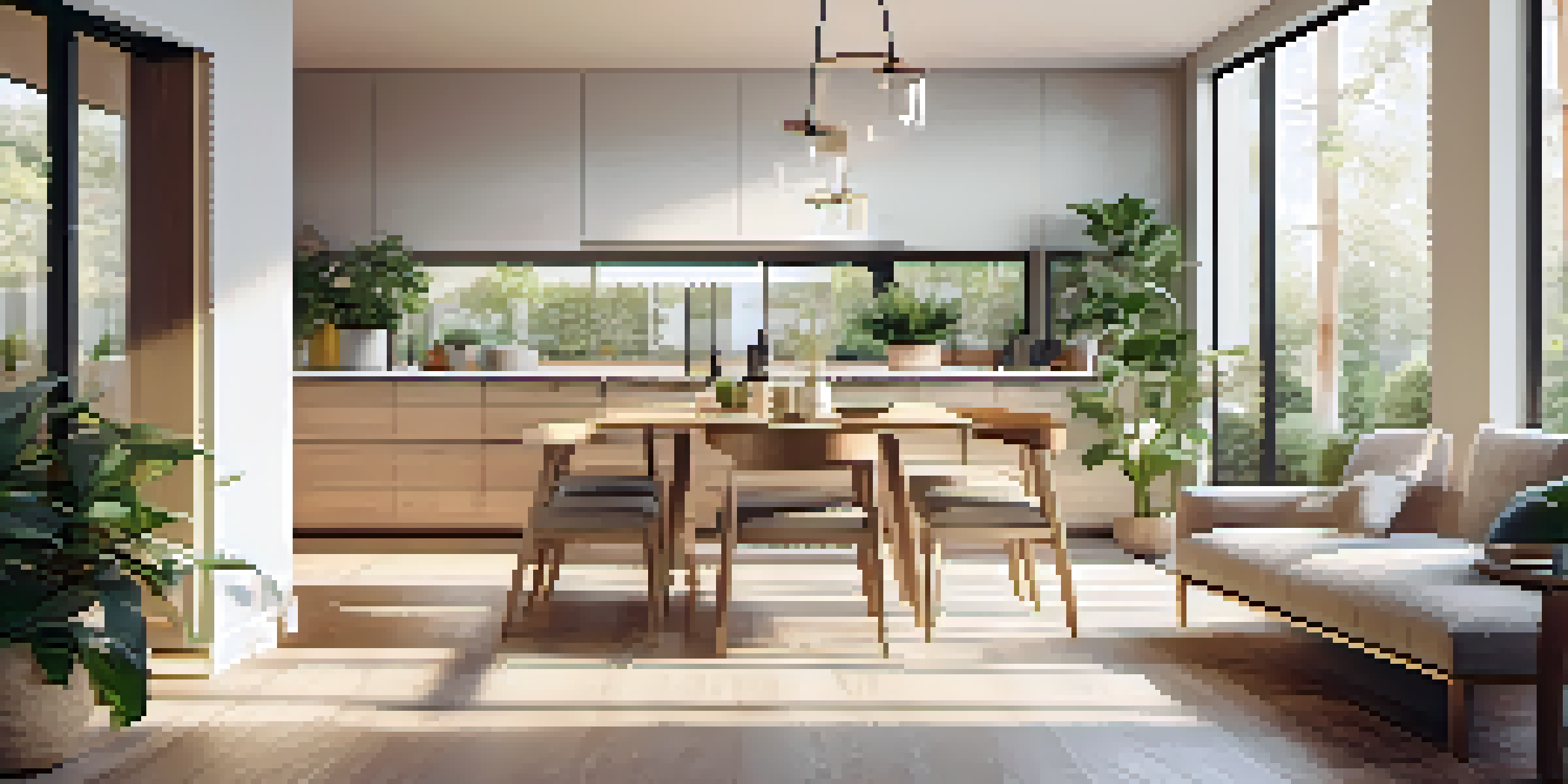 A spacious open concept living area with a modern kitchen, cozy living room, and a stylish dining area, filled with natural light and greenery.