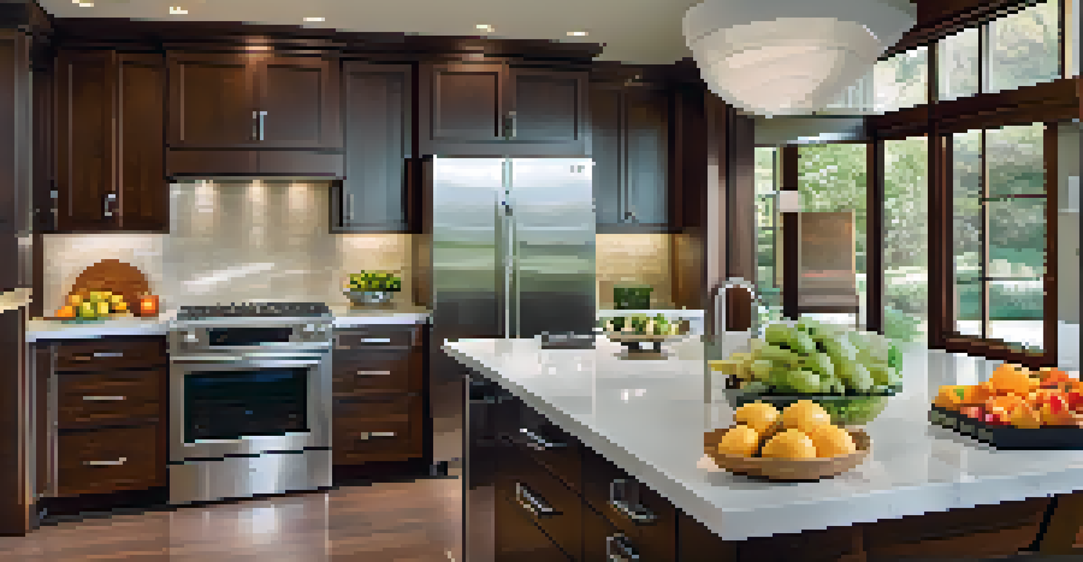 A contemporary kitchen with modern appliances, wooden cabinets, and a bowl of fruits on the counter.