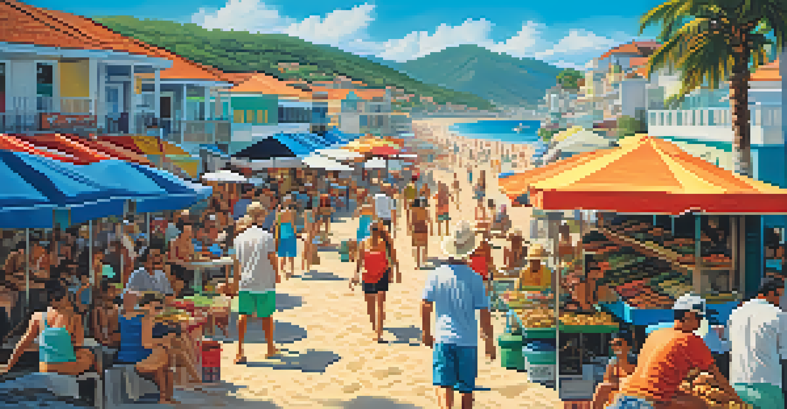 A lively beach town scene with tourists, colorful umbrellas, and vendors during peak vacation season.