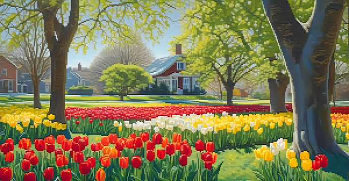 A colorful spring garden with blooming tulips and daffodils under a clear blue sky.