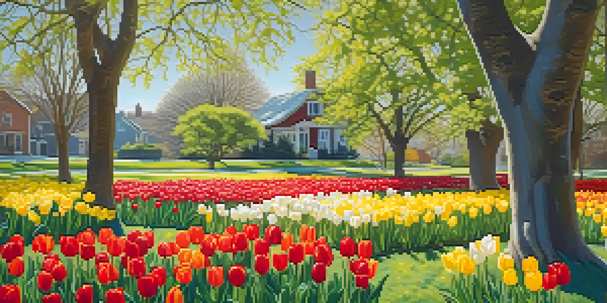 A colorful spring garden with blooming tulips and daffodils under a clear blue sky.