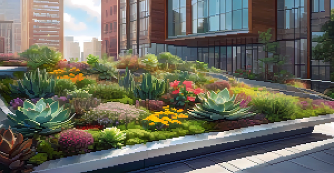 A colorful green roof garden on a modern building, with various plants and butterflies under warm sunlight.
