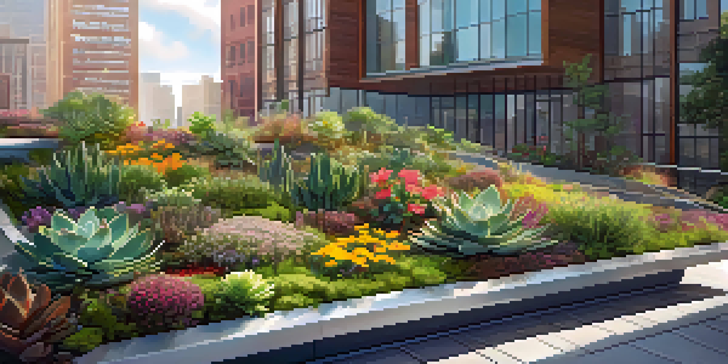A colorful green roof garden on a modern building, with various plants and butterflies under warm sunlight.