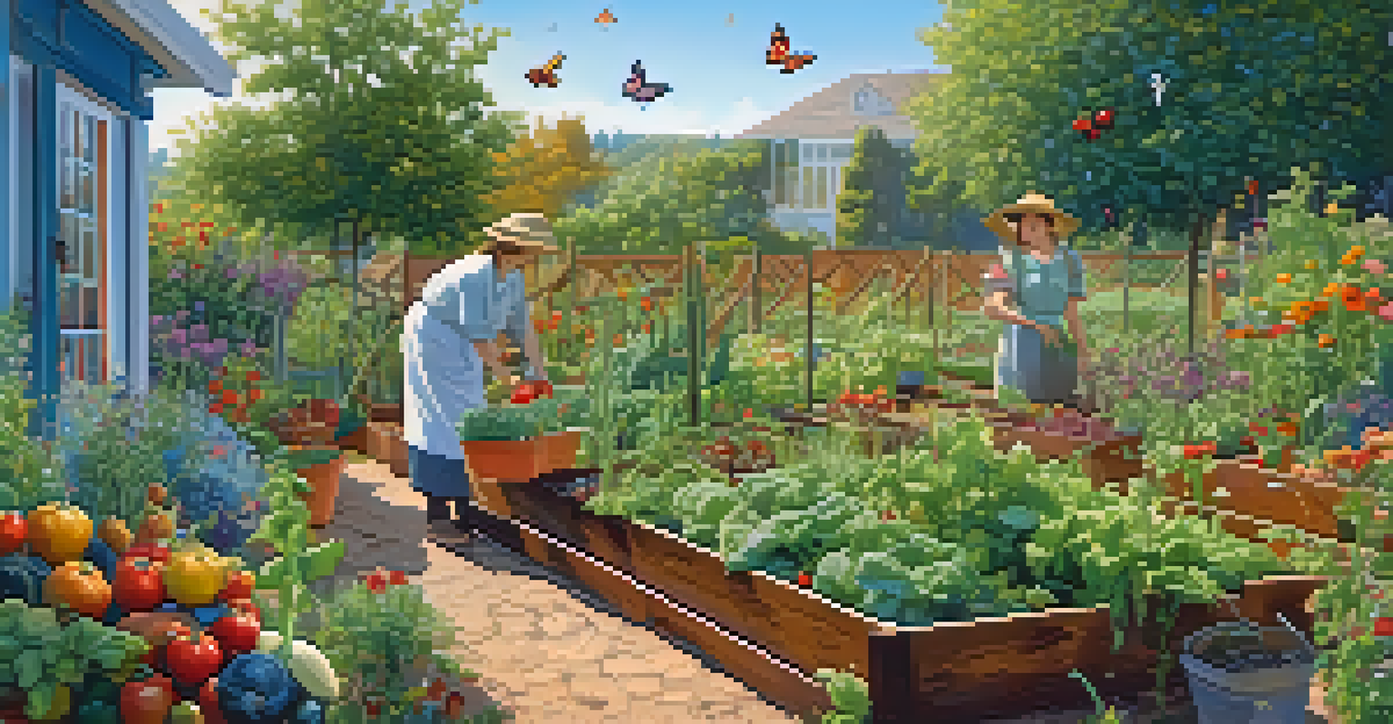 A colorful garden filled with vegetables and herbs, with a person harvesting tomatoes in a sunny setting.