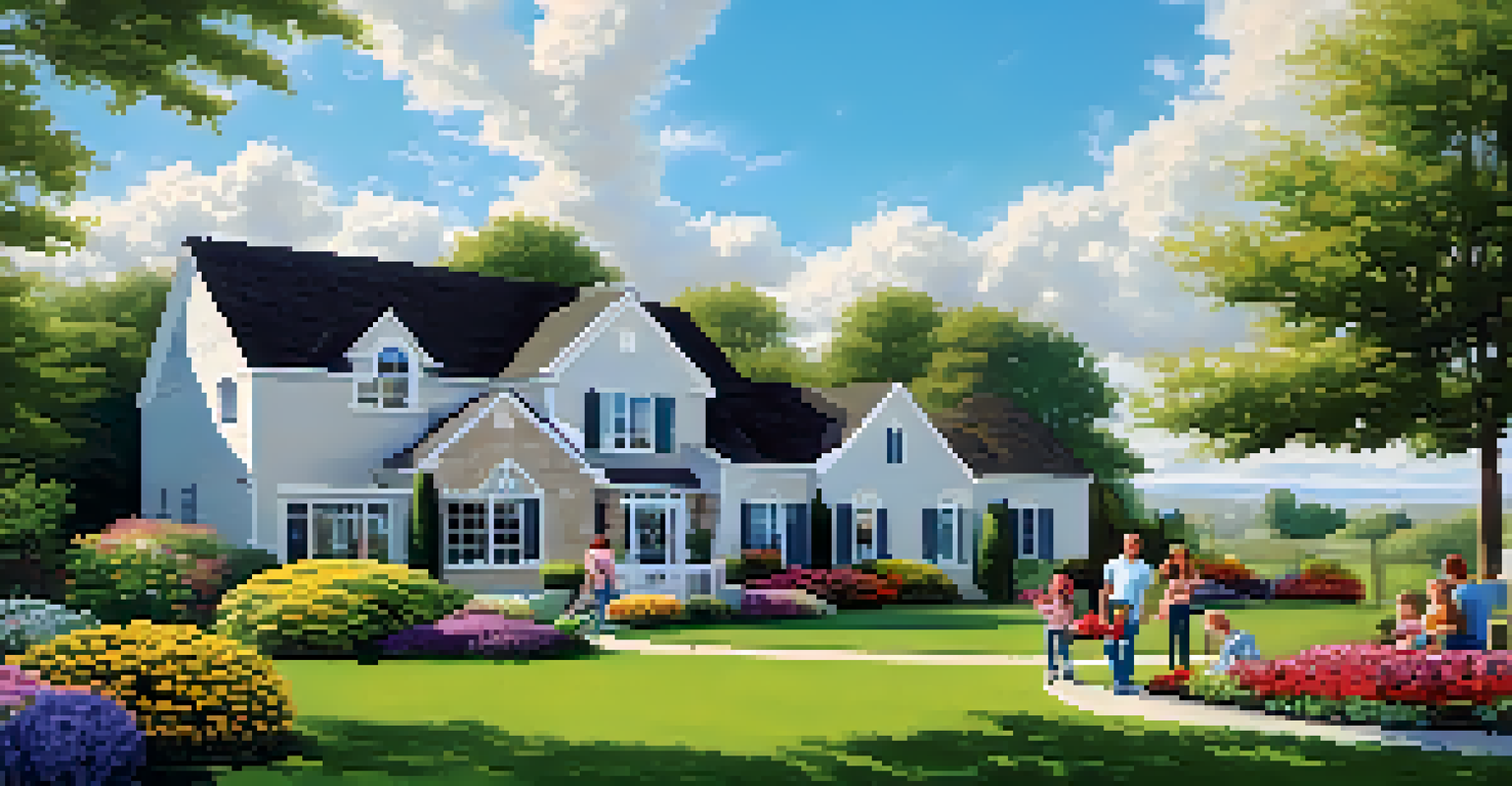 A family working together in a beautifully maintained backyard, planting flowers under a bright blue sky.