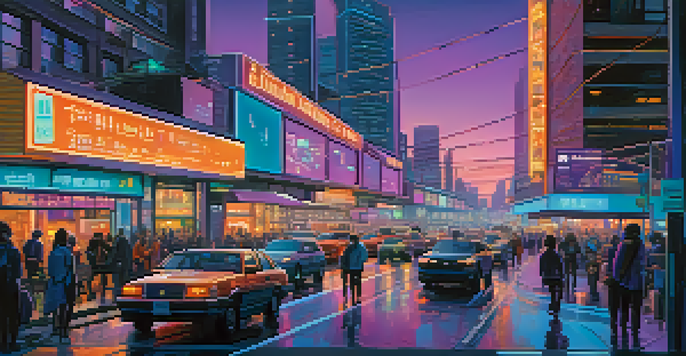 A vibrant urban cityscape at dusk with glowing neon lights and connected vehicles, showcasing a futuristic transportation system.