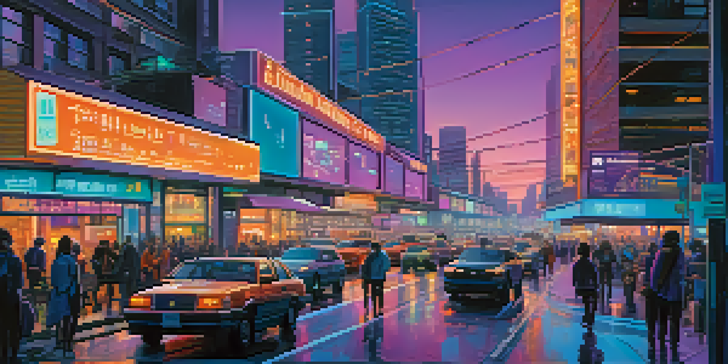 A vibrant urban cityscape at dusk with glowing neon lights and connected vehicles, showcasing a futuristic transportation system.