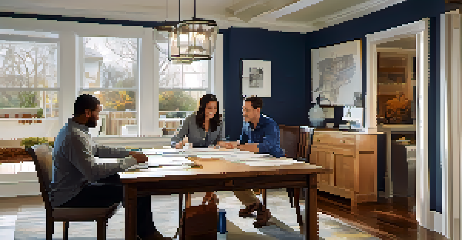 A contractor and homeowner discussing renovation plans at a table covered with documents and samples in a bright workspace, illustrating teamwork.