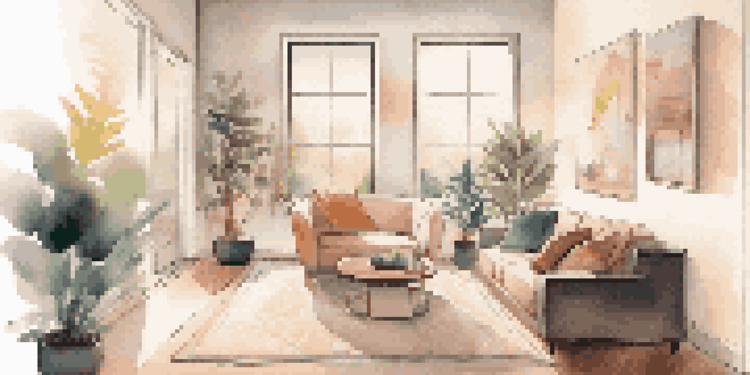 A modern living room showcasing a smart home security system, including a camera, smart lock, and motion sensor.
