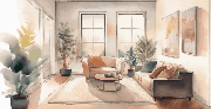 A modern living room showcasing a smart home security system, including a camera, smart lock, and motion sensor.